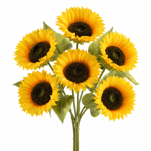 Artificial Sunflower Flowers Long Stem Silk Fake Sunflowers, Yellow Floral Decor for Outdoor Home Wedding Party, 6PCS Dark Center