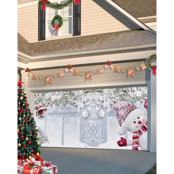 Garage Door Banner Cover 7 x 16 ft, Winter Christmas Cute Snowman Pine Tree Snowflake Christmas Garage Door Decorations Holiday Christmas Backdrop Decor for Winter New Year Xmas Party