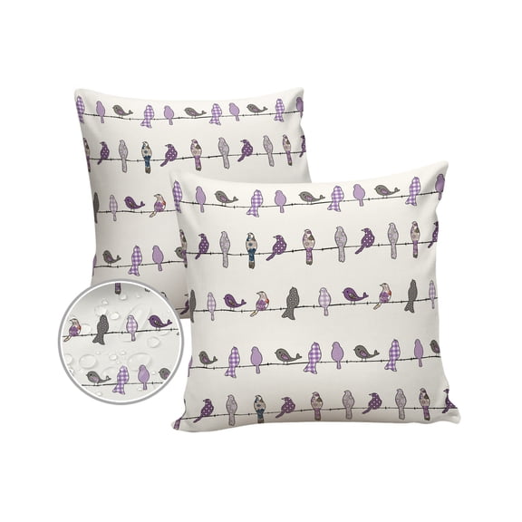 Pack of 2 Outdoor Pillow Covers, Birds on the Wire Purple Grey Waterproof Square Throw Pillowcase Cushion Decorative Pillow Covers for Couch Patio Tent, 18x18 in