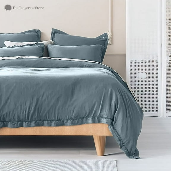 4-Piece Pure Linen Sheet Set (112x102 inches) - California King Size, Sky Blue Embroidered Edge - Pre-Washed Fabric