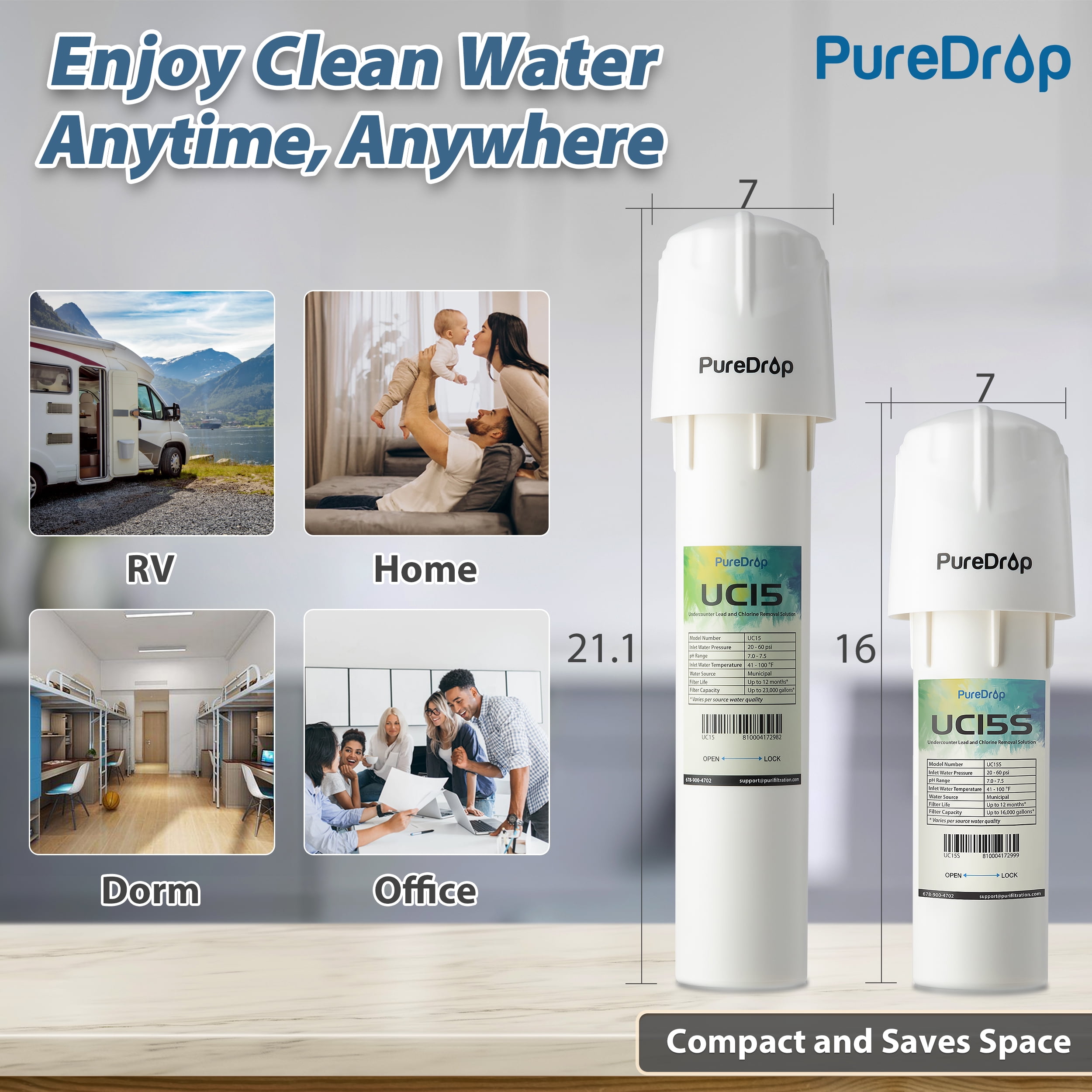 Puredrop UC15 Water Filter Under Sink for Drinking Water, 15K Gallons Capacity Under the Sink Water Filtration System, Kitchen sink water filter Reduces Chlorine,  Odor,  Bad Taste, Heavy Metals, and