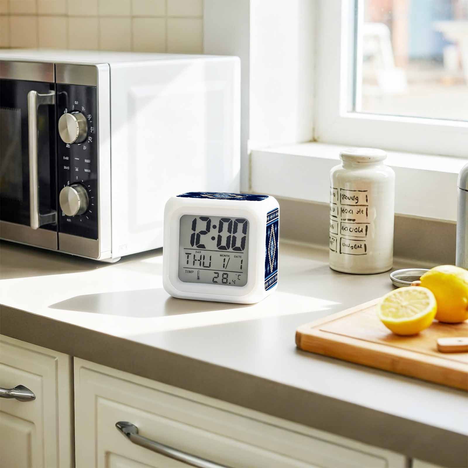 Alarm Clocks Blue Tribal Geometric Digital Clock 7 Color LED Night Light Silent Non-Ticking Battery Operated Boho Vintage Native Abstract Cube Clocks for Bedroom Bedside Living Room Office School