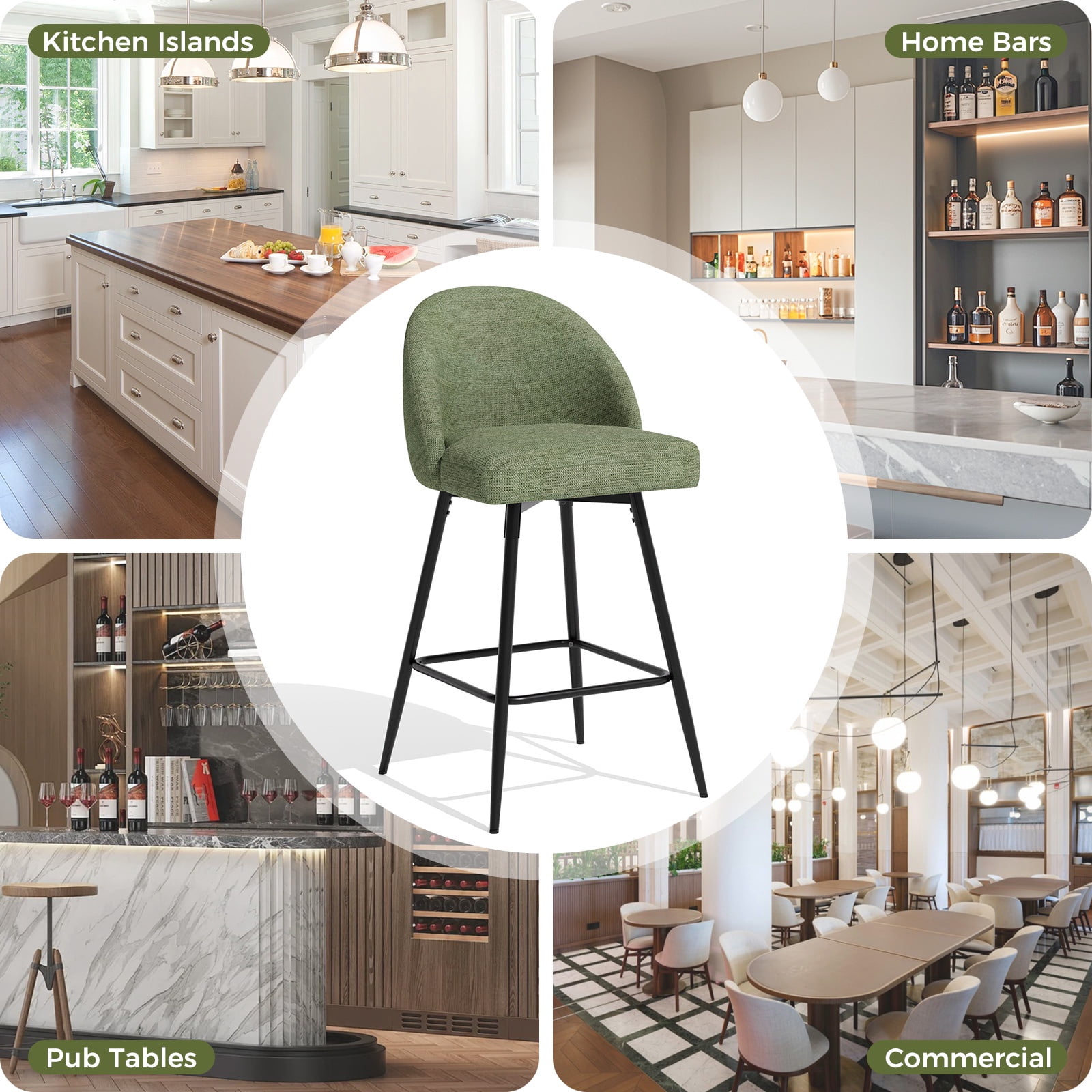 JULY'S SONG Counter Height Bar Stools with Back Sets of 4, 360°Swivel Upholstered Barstools with Metal Legs, 27" Seat Height Bar Stool for Kitchen Island, Green