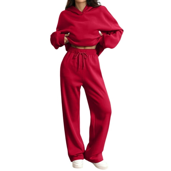 Women's 2 Piece Sweatshirt Sweatsuit Set Wide Leg Sweatpants Casual Lounge Outfit With Pockets Red M