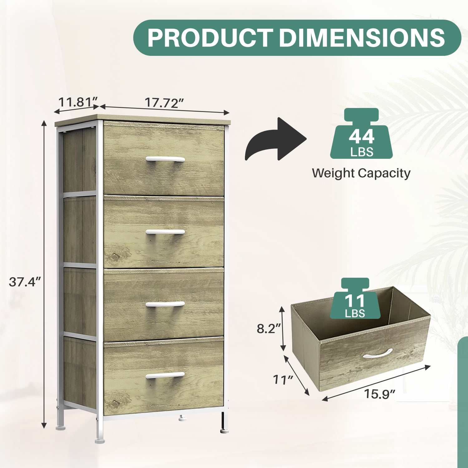 Beddle Dresser with 4 Fabric Drawers for Bedroom, Wide Storage Chest with Drawer Organizer for Closet or Living Room, Oatmeal