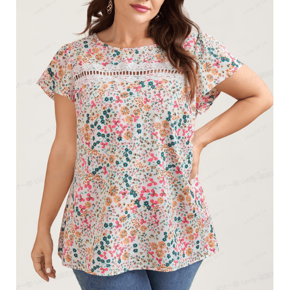 Ronuti Summer Tops for Women Lady Spring Outfits Lace Tunic Floral Casual Short Sleeves T Shirts Flowy Blouses