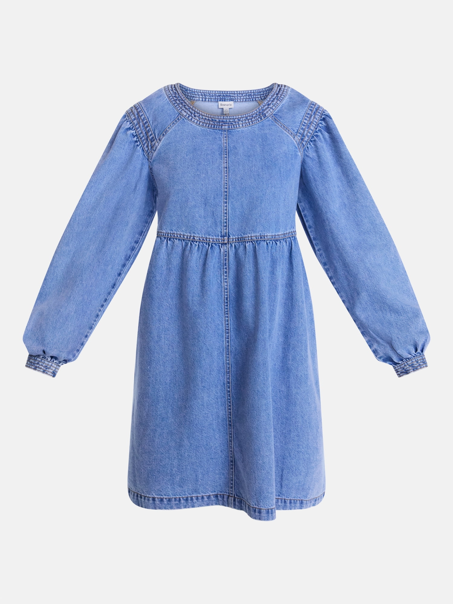 Scenario Women's Denim Empire Mini Dress with Long Sleeves, Sizes XS-XXXL