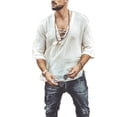thumbnail image 2 of ZAXARRA Chemises Hippies pour Hommes en Coton et Lin à Manches 3/4 Solides V Hauts de Cou, 2 of 7