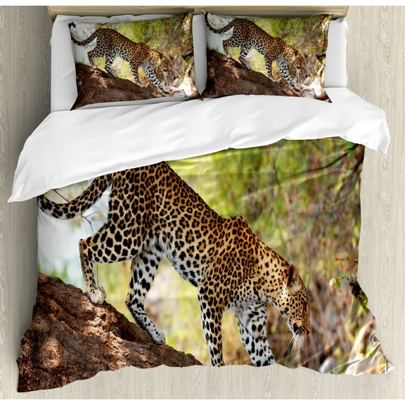 Zoo Duvet Cover Set, Leopard Panthera Pantus on Tree Nature Reserve Botswana Carnivore Animal, Decorative 3 Piece Bedding Set with 2 Pillow Shams, King Size, Green Pale Brown White, by Ambesonne