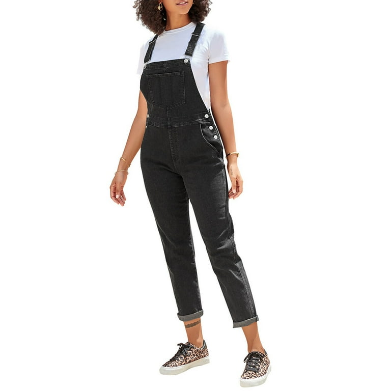 LookbookStore Women's Casual Stretch Overalls Denim Loose Fit Tapered Leg  Bib Overalls Jean Jumpsuits Iconic Black Size XS 
