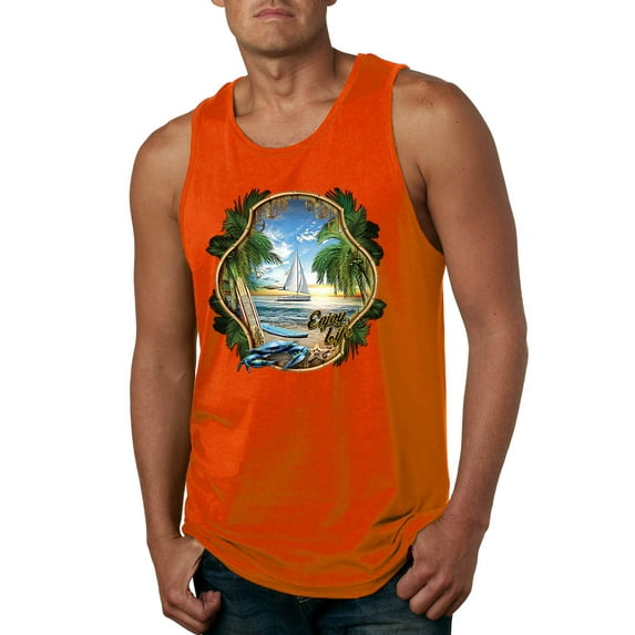 Wild Bobby, Enjoy Life Vintage Beach Surf Sailboat, Pop Culture, Men Graphic Tank Top, Orange, 3X-Large