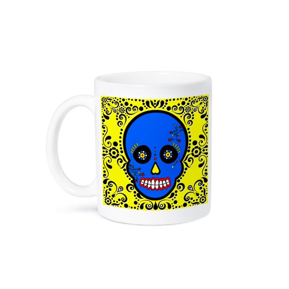 3dRose, Day of the Dead Skull Día de los Muertos Sugar Skull Blue Yellow Black Scroll Design, 15oz Mug