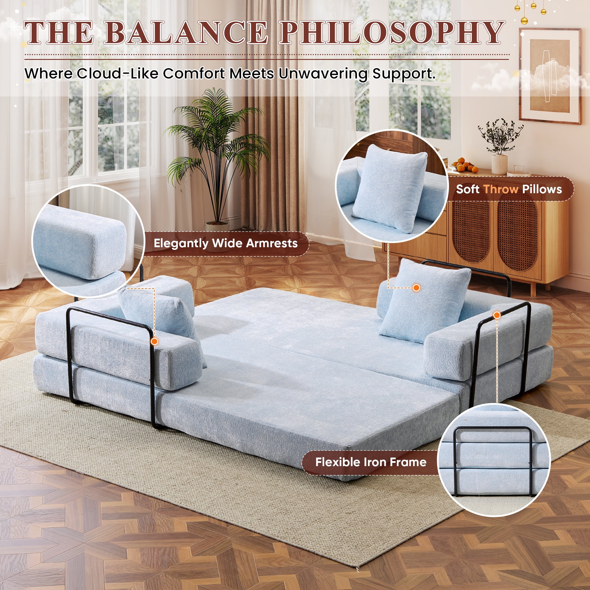 Timbernest 76.8" Folding Sofa Bed, King Size Convertible Sleeper Sofa with 2 Pillows, Chenille Floor Sofa for Living Room, Small Spaces, Baby Blue