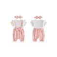 thumbnail image 2 of BemeyourBBs Newborn Baby Girl Summer Clothes Cotton Outfits Faux Two-piece Romper Bow Print Ruffled Trim Short Sleeve Jumpsuit and Bow Headband 2 Pcs Set, 2 of 9
