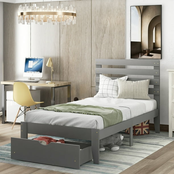 EUROCO Twin Wooden Platform Bed with Drawers, Gray