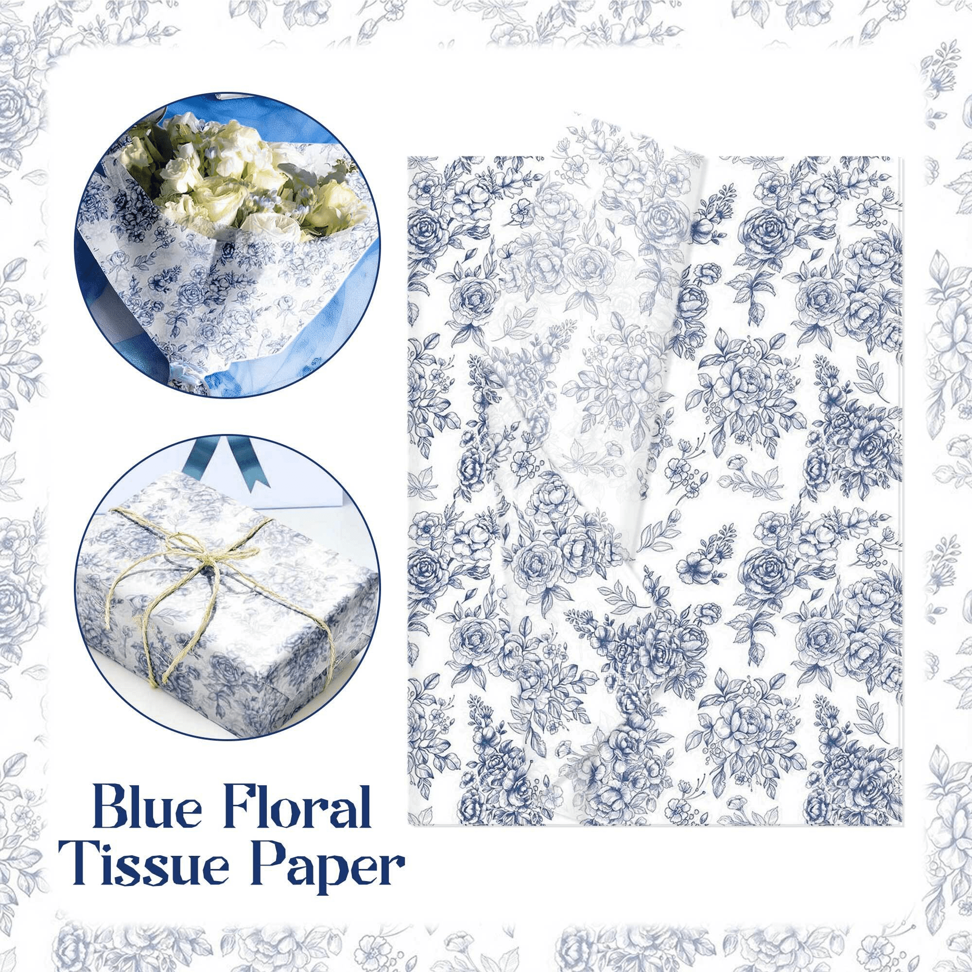 Blue Floral Tissue Paper - Vintage Elegant Hand-Painted Flower Design for Party Decor & Gift Wrapping
