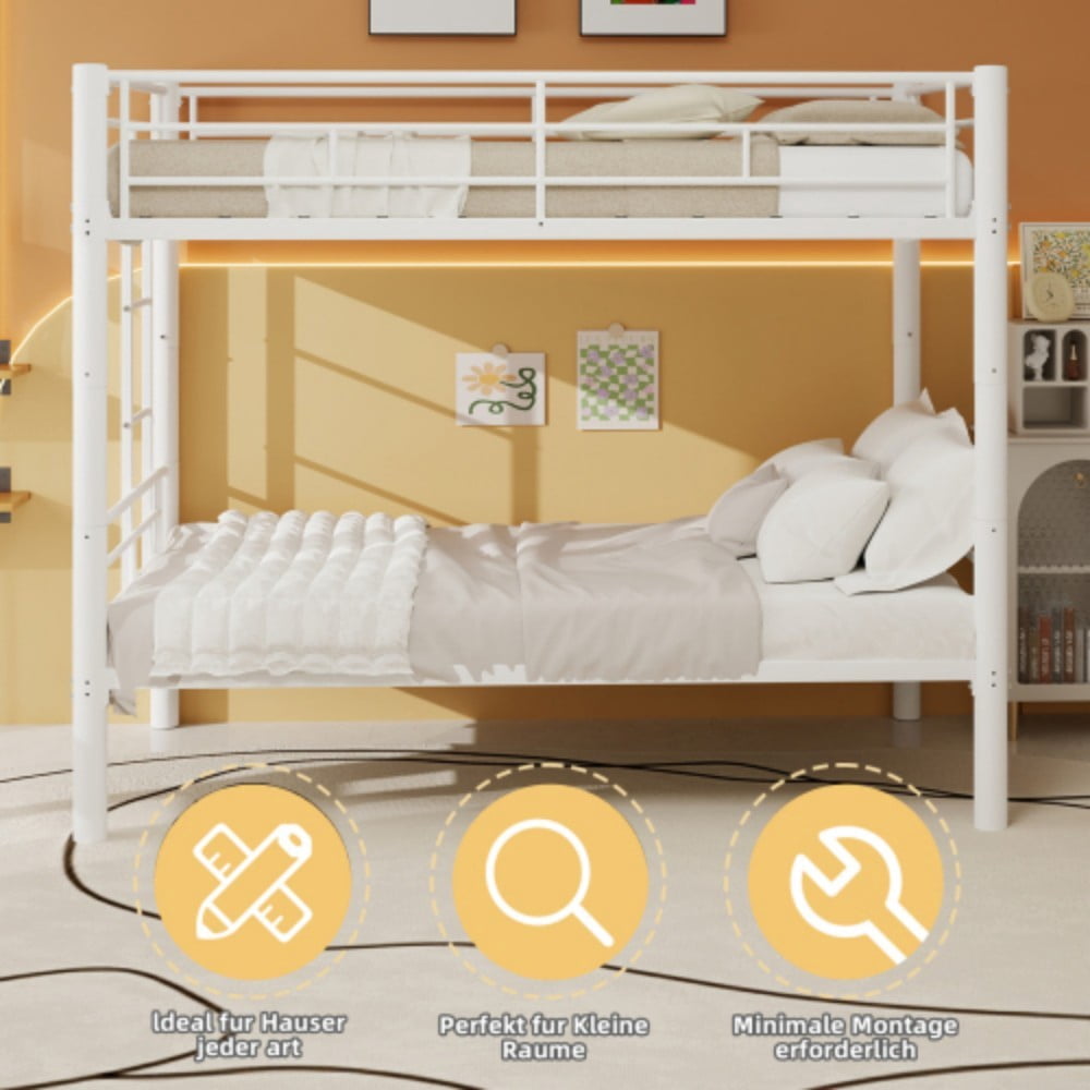 Twin Metal Bunk Bed, Convertible & Detachable into 2 Twin Beds, Heavy-Duty Iron Frame, 400 lbs Capacity, Guardrails & Ladder, White