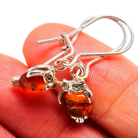 Boho 1 Genuine Baltic Amber Owl 925 Sterling Silver Earrings 1 1/4