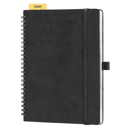 POPRUN 2026 Planner Weekly Notebook (Jan.26-Dec.26), Medium Size 8.5''x 6.5'' - Agenda 2026 Calendar Book with Monthly Tabs, Inner Pocket, Spiral Soft Cover, 100 GSM - Black