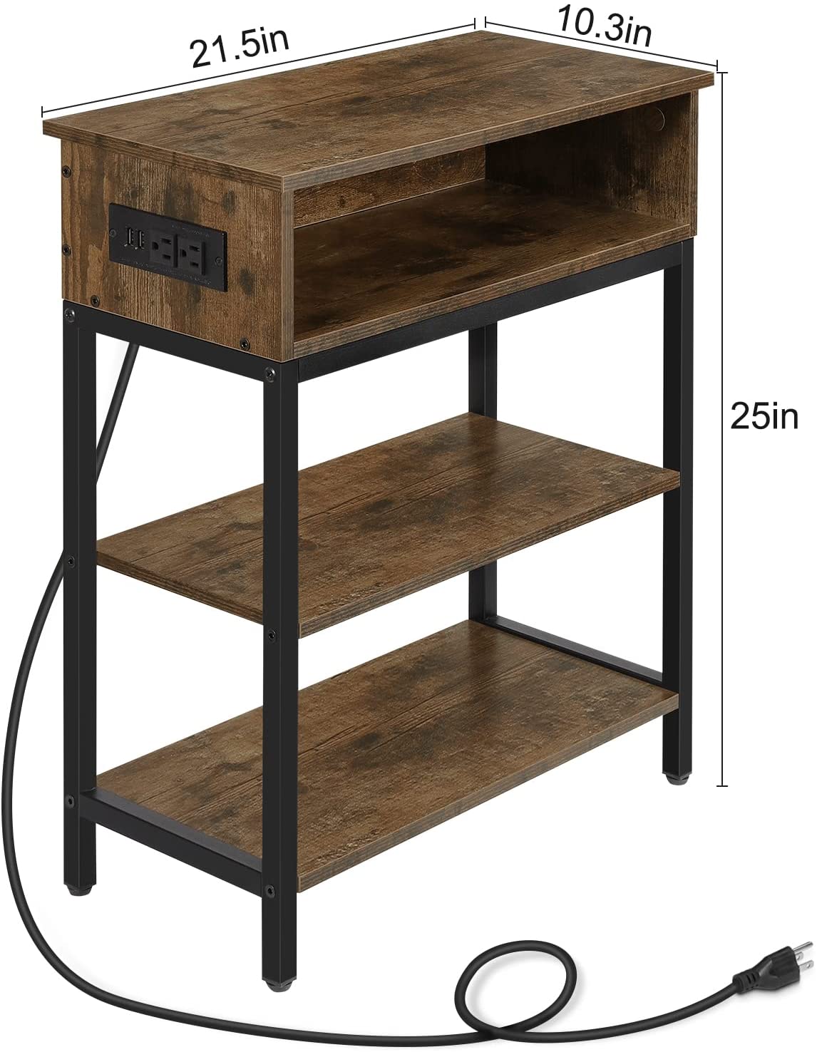 Oumilen Western Home 3 Layers End Table with Storage Shelf with Build-In Fast Charging Station with USB Ports in Rustic Burnt Wood
