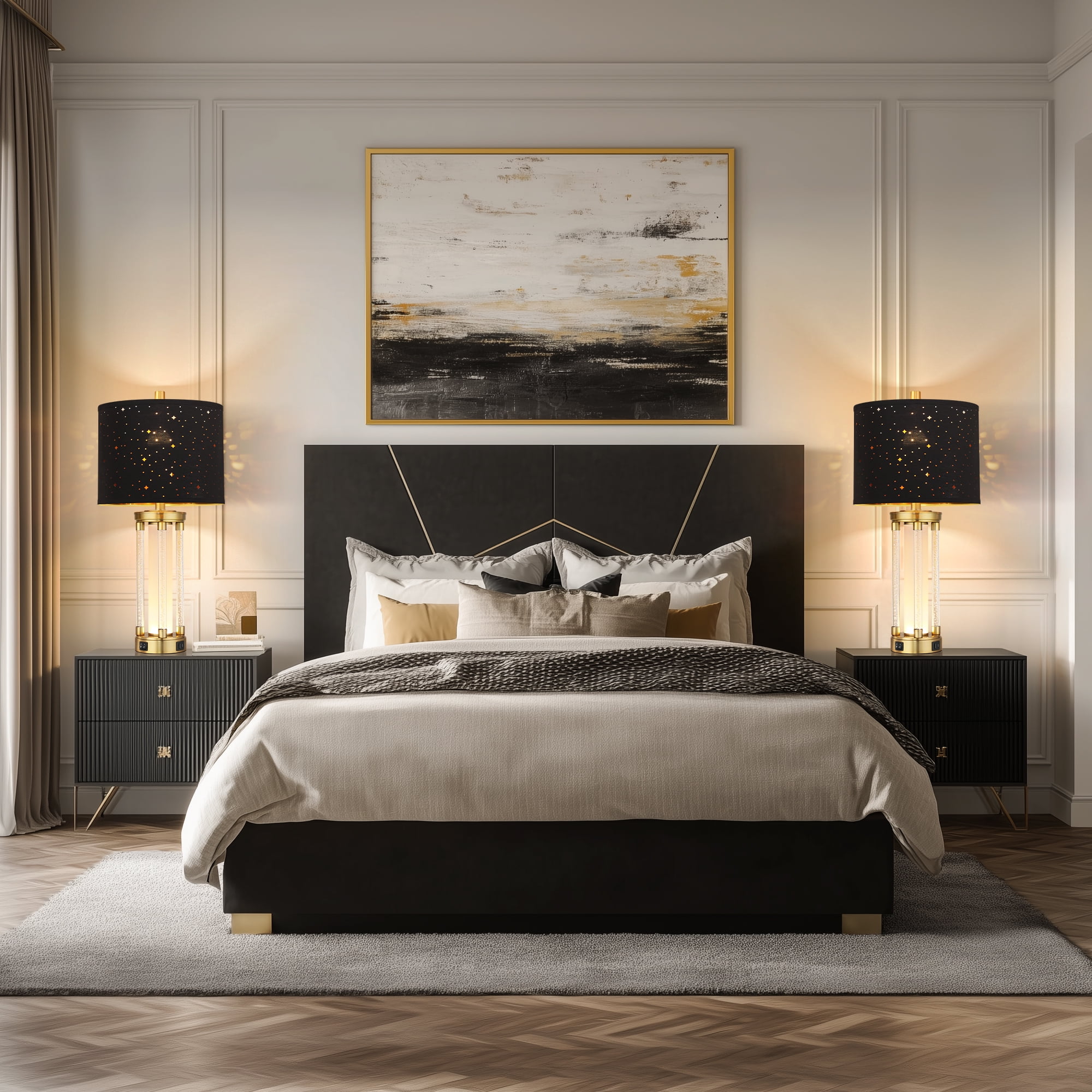 25" Morden Table Lamps Set of 2 with USB A+C Ports and Night Light, Unique Star Hallow Black Shade Lamp for Bedroom,Living Room (Bulb Included)