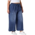 thumbnail image 4 of Jeans de mujer de tallas grandes Agnes Orinda, pantalones de mezclilla con cintura elástica y cordón, pantalones palazzo anchos de chambray con bolsillos 3X negro azul, 4 of 6
