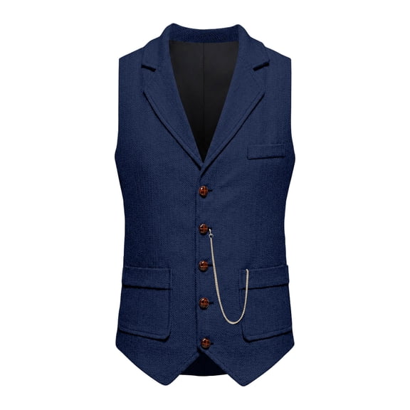 Men's Lapel Collarl Suit Vest Tweed Slim Fit Sleeveless Waistcoat Single Breasted Herringbone Vintage Suits With Chain,Pockets