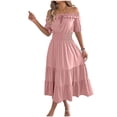 thumbnail image 2 of Gamivast Off The Shoulder Dress for Women Short Sleeve Tie Front Ruffle Dress Smocked Waist Tiered Maxi Dress Solid Boho Dress Beach Vacation Summer, 2 of 8