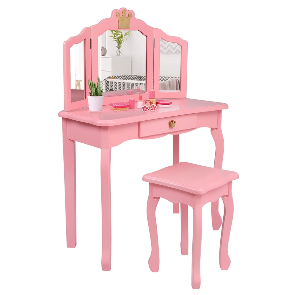 Private Jungle Children's Wooden Dressing Table Three-Sided Folding Mirror Dressing Table Chair Single Drawer,Pink Crown Style Private Jungle Children's Wooden Dressing Table Three-Sided Folding Mirror Dressing Table Chair Single Drawer,Pink Crown Style