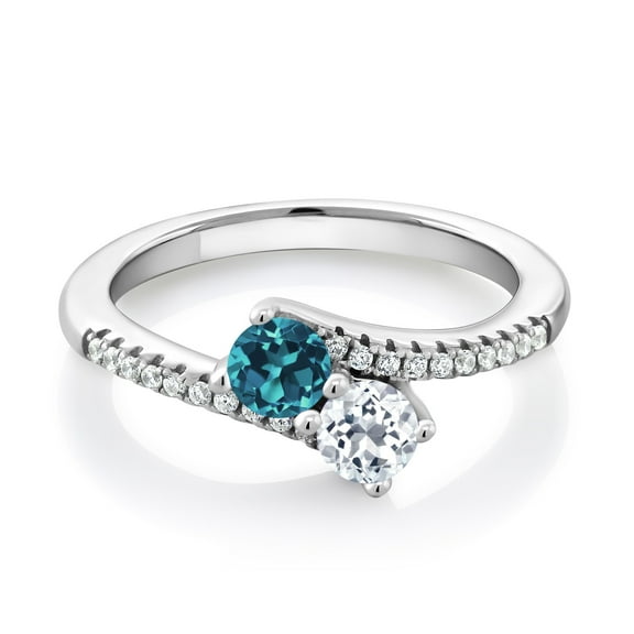 Gem Stone King 925 Sterling Silver London Blue Topaz and White Topaz Bypass Ring for Women (0.90 Cttw, Gemstone November Birthstone, Round 4MM, Size 5)