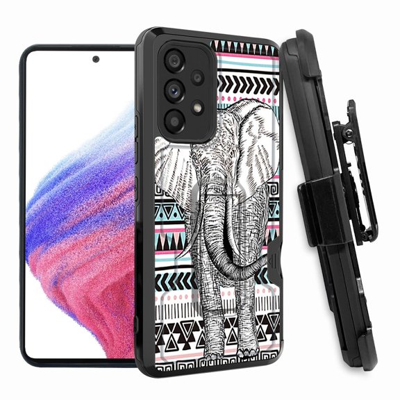 ANJ  Rugged Shockproof Hoster Case w/Card Slot, Kickstand   Tempered Glass Cover for Samsung Galaxy A33 5G - Tribal Elephant