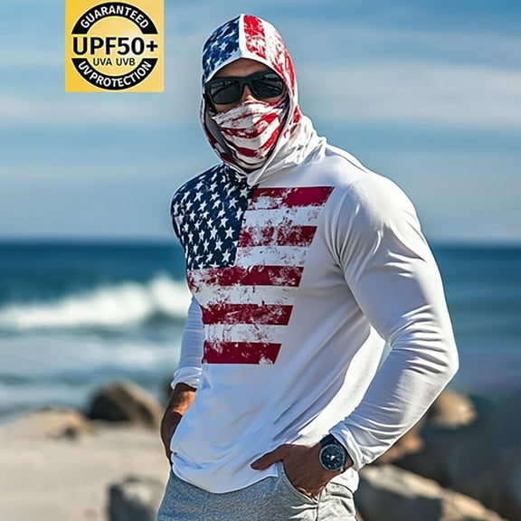 Xdegoge Men's Sun Protection Hooded Shirt Muscle Fit Long Sleeve US Flag Graphic Performance Quick-Dry Workout Hoodie Patriotic Athletic Training Outfits