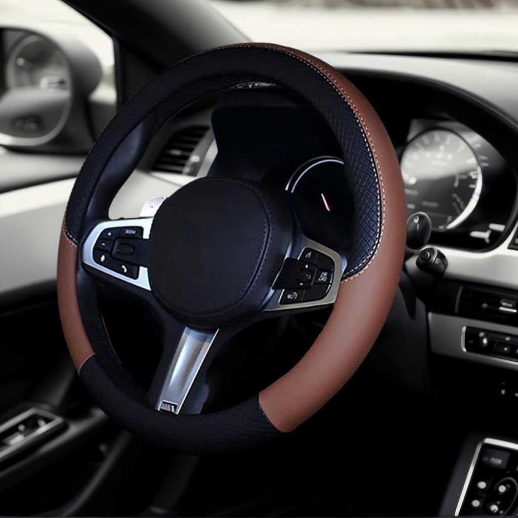 Car Steering Wheel Cover Leather Universal 15 Inch Fit, Anti-Slip Odor-Free, Black Blue