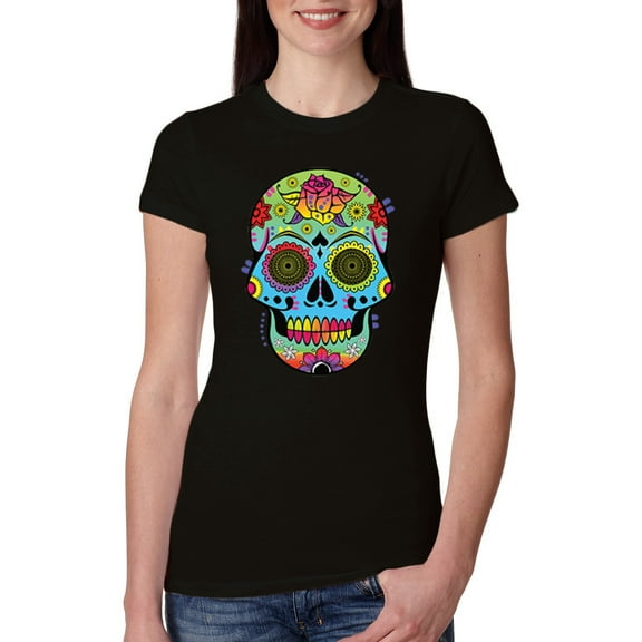 Wild Bobby, Colorful Floral Sugar Skull Streetwear Womens Slim Fit Junior Tee, Black, Small