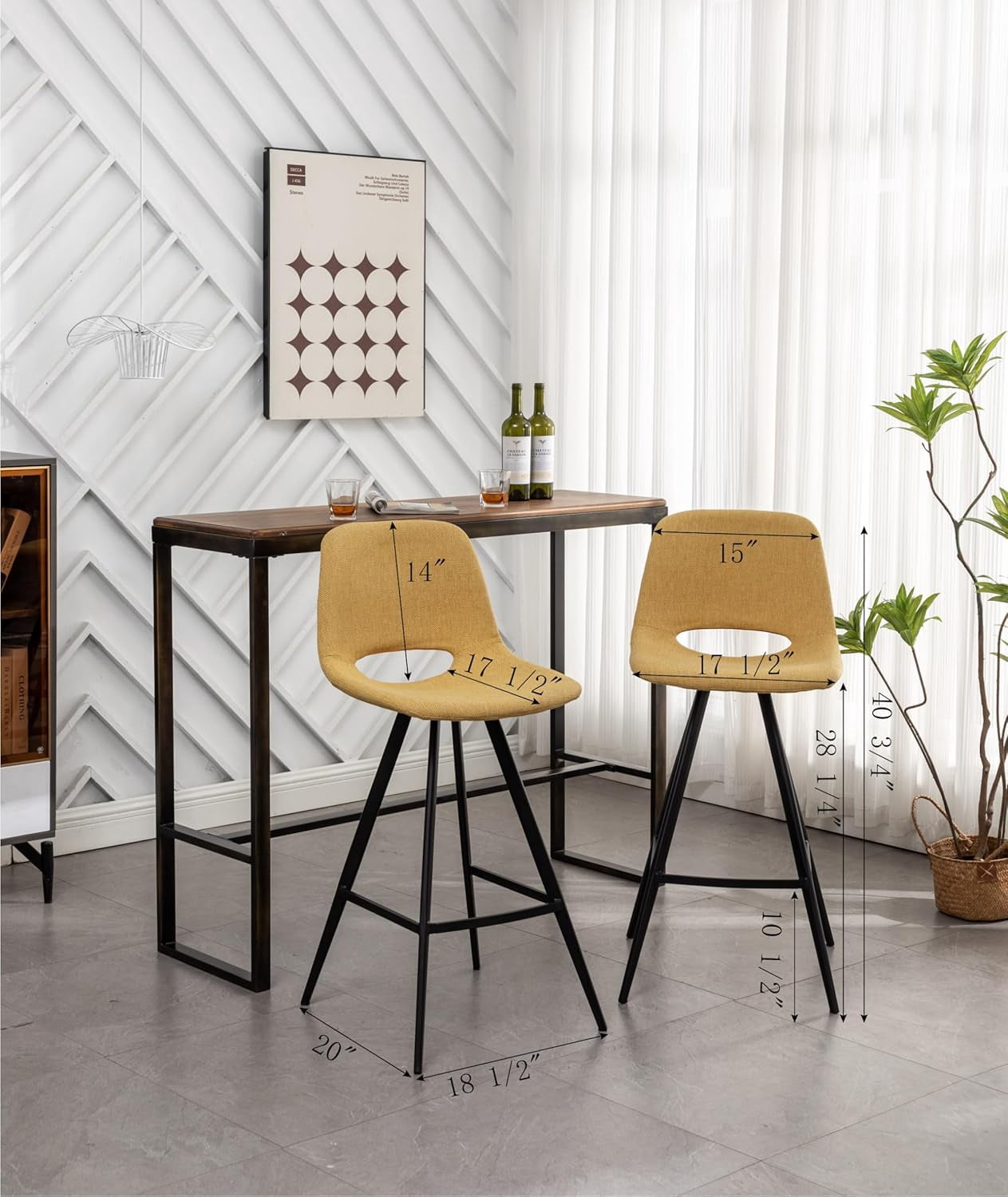 28.25" Counter Height Bar Stools Set of 2, Yellow Linen Upholstered Bar Chairs with Hollow Cutout Back, Black Metal Legs & Footrest for Kitchen Island Home Bar