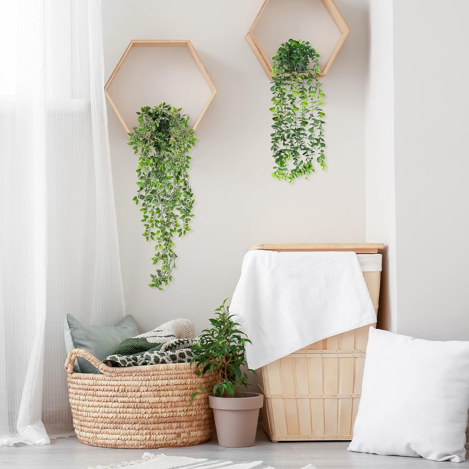 Artificial Hanging Plants, 2 Pack Fake Hanging Plant Fake Potted Greenery Plants Faux Eucalyptus Vine, Mandala Vine in Pot for Home Room Indoor Outdoor Shelf Decor