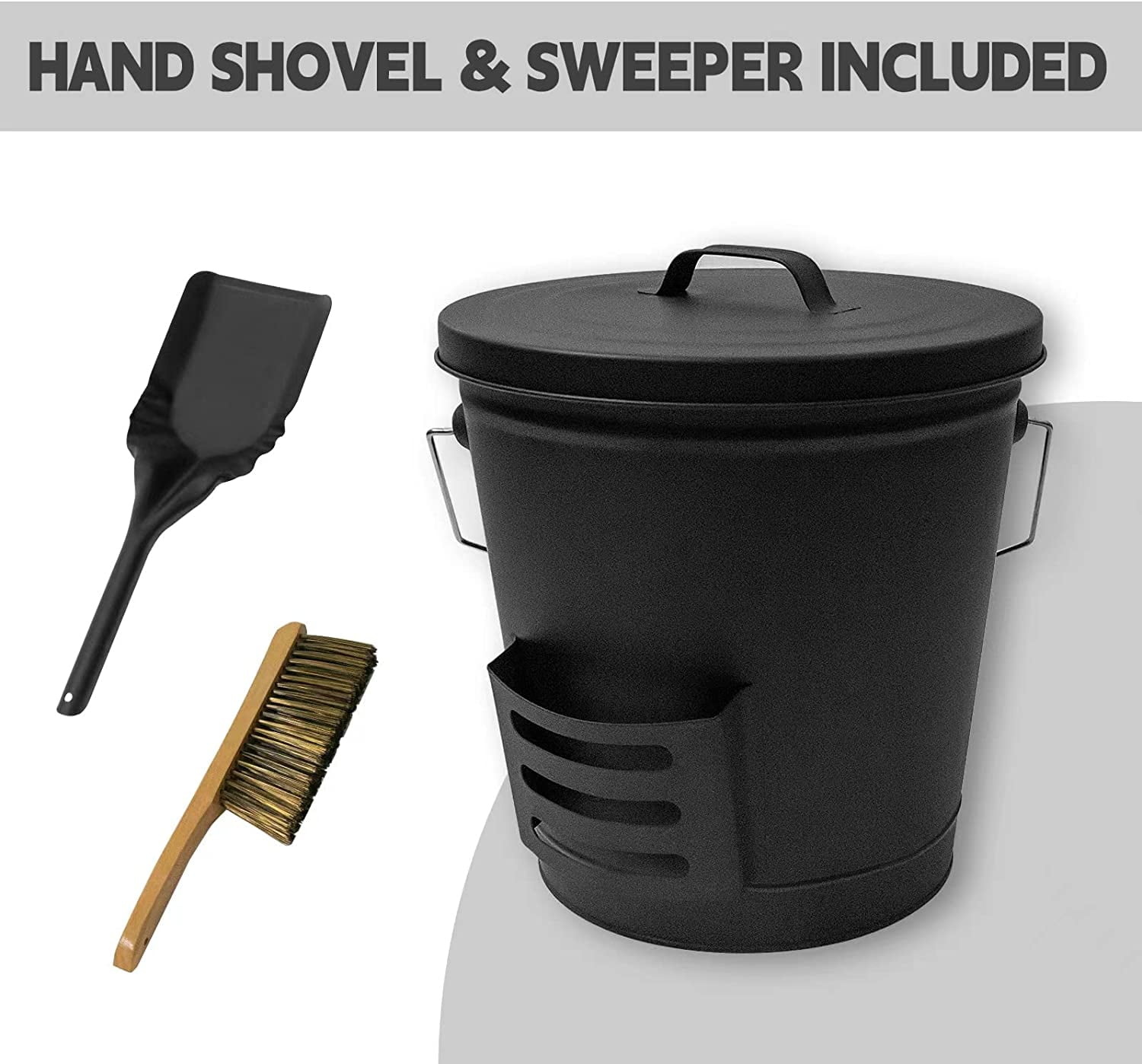 Fireplace Ash Bucket with Lid Shovel and Hand Broom, 5.15 Gallon