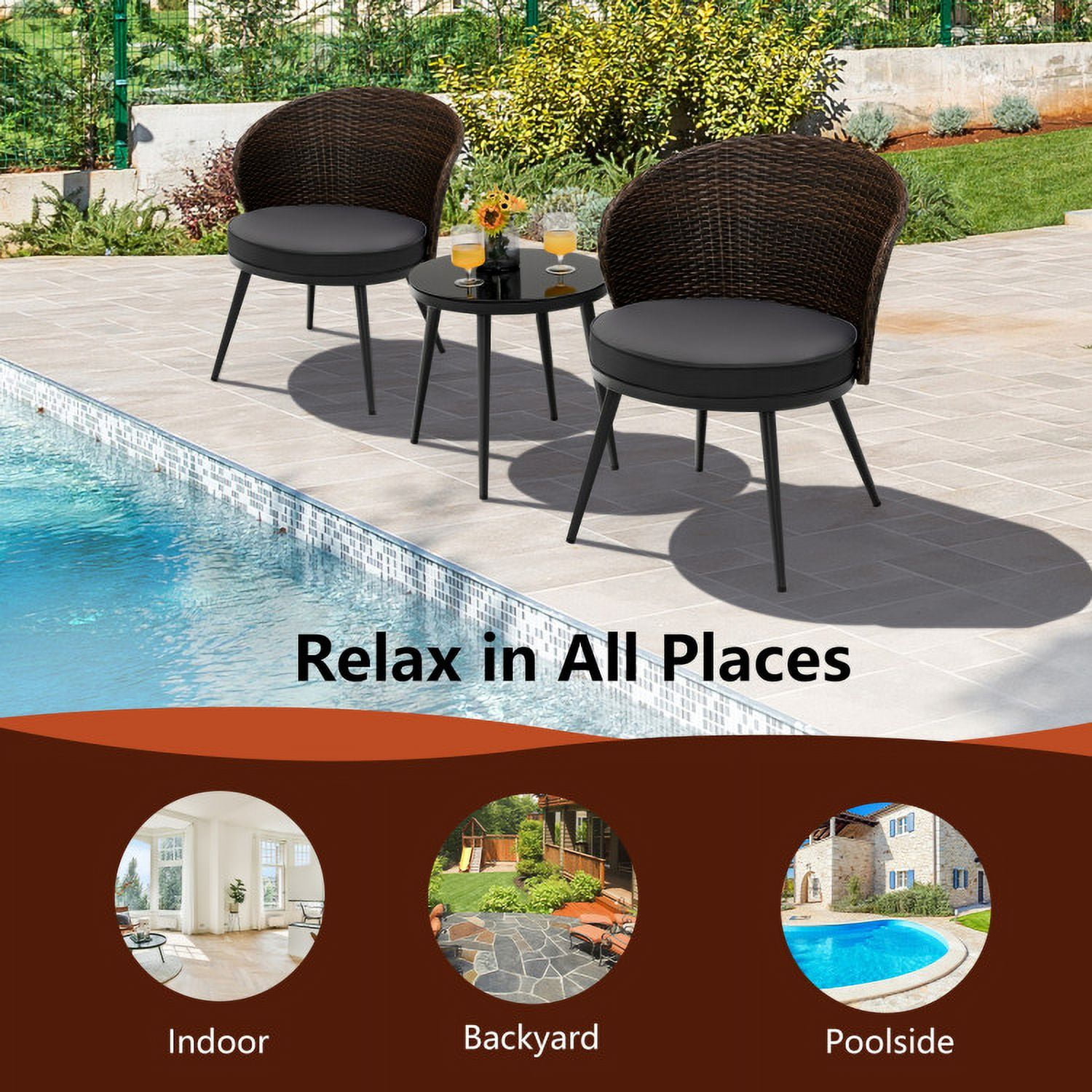 Aimee Lii 3 Pieces Patio Rattan Bistro Set with Cushions and Glass Tabletop, Patio Conversation Sets, Brown Aimee Lii 3 Pieces Patio Rattan Bistro Set with Cushions and Glass Tabletop, Patio Conversation Sets, Brown