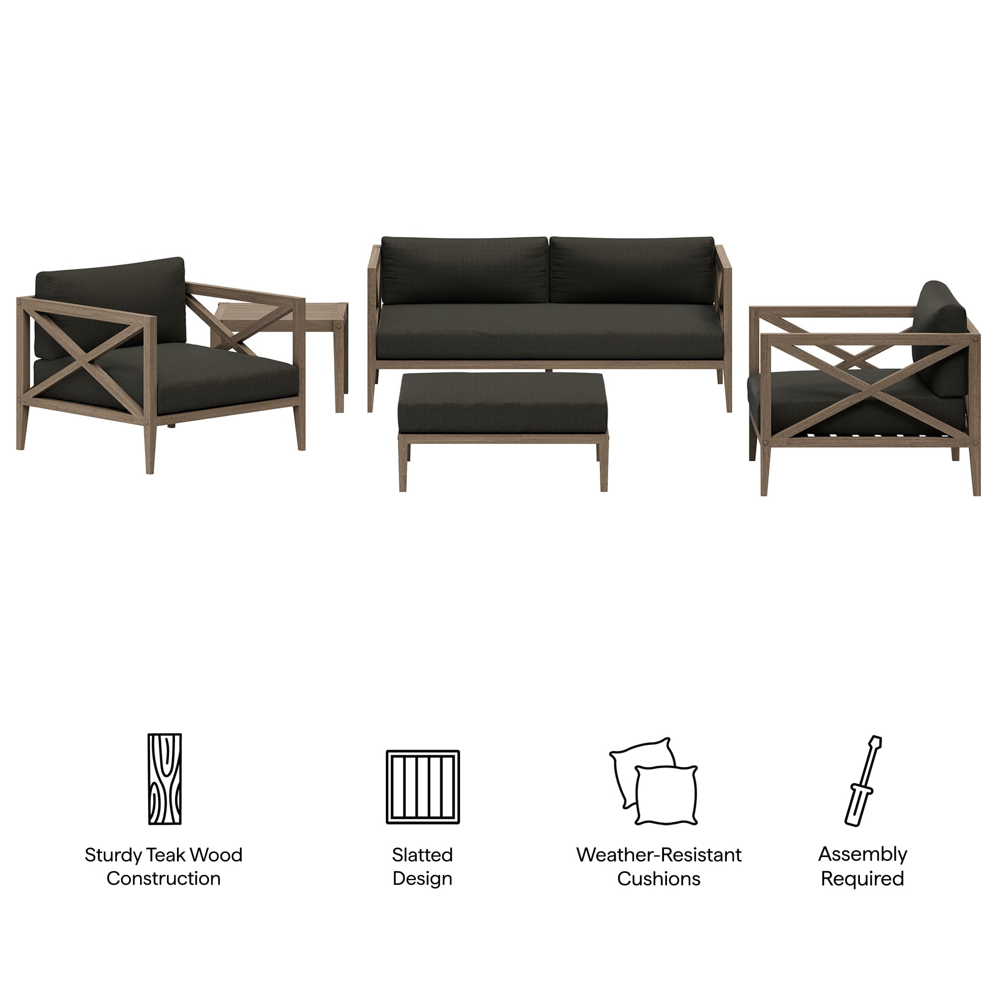 Modway Northlake 5-Piece Outdoor Teak Wood Furniture Set in Weathered Gray Flint