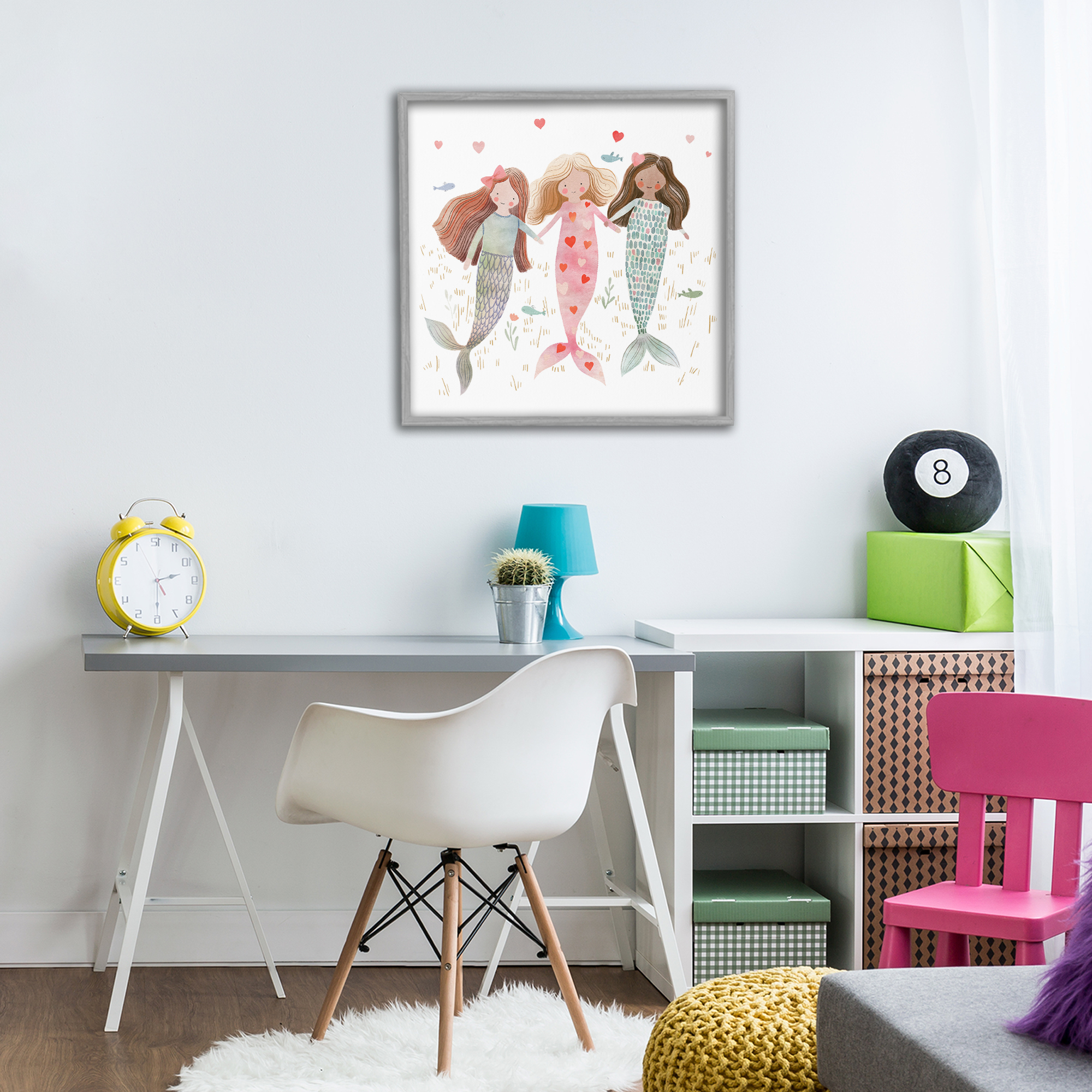 Trio of Mermaids Friendship Gray Framed Giclee Art, design by Leah Straatsma