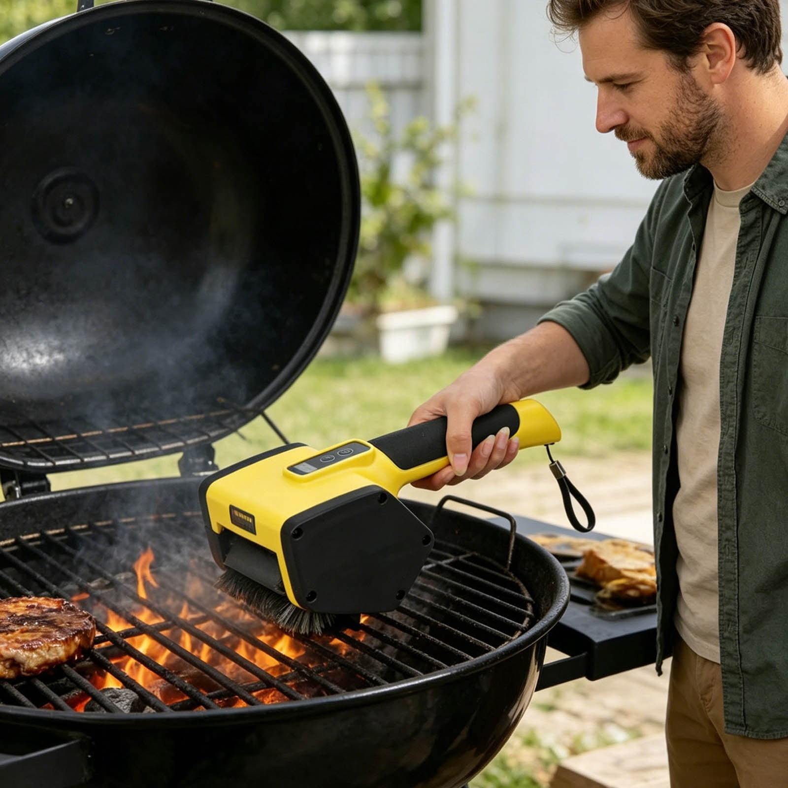Grill Cleaning Brush with Ergonomic Handle Electric BBQ Scrubber with Stainless Steel Bristles for Grease and Rust Removal on Outdoor Grills and Grates Rechargeable Heavy-Duty