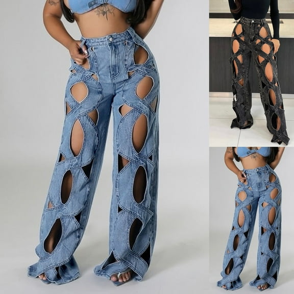 jtjvou Women Hollow Out Baggy Jeans Y2k High Waisted Straight Leg Criss Cross Denim Pants Black L