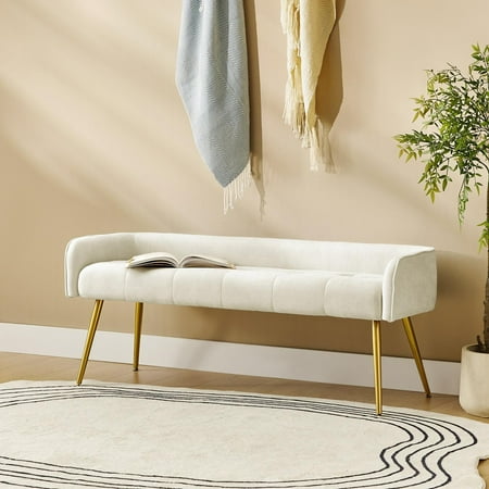 55" Upholstered Ottoman Bench with Arms Low Back,End of Bed Entryway Bedroom Golden Tapered Leg Beige