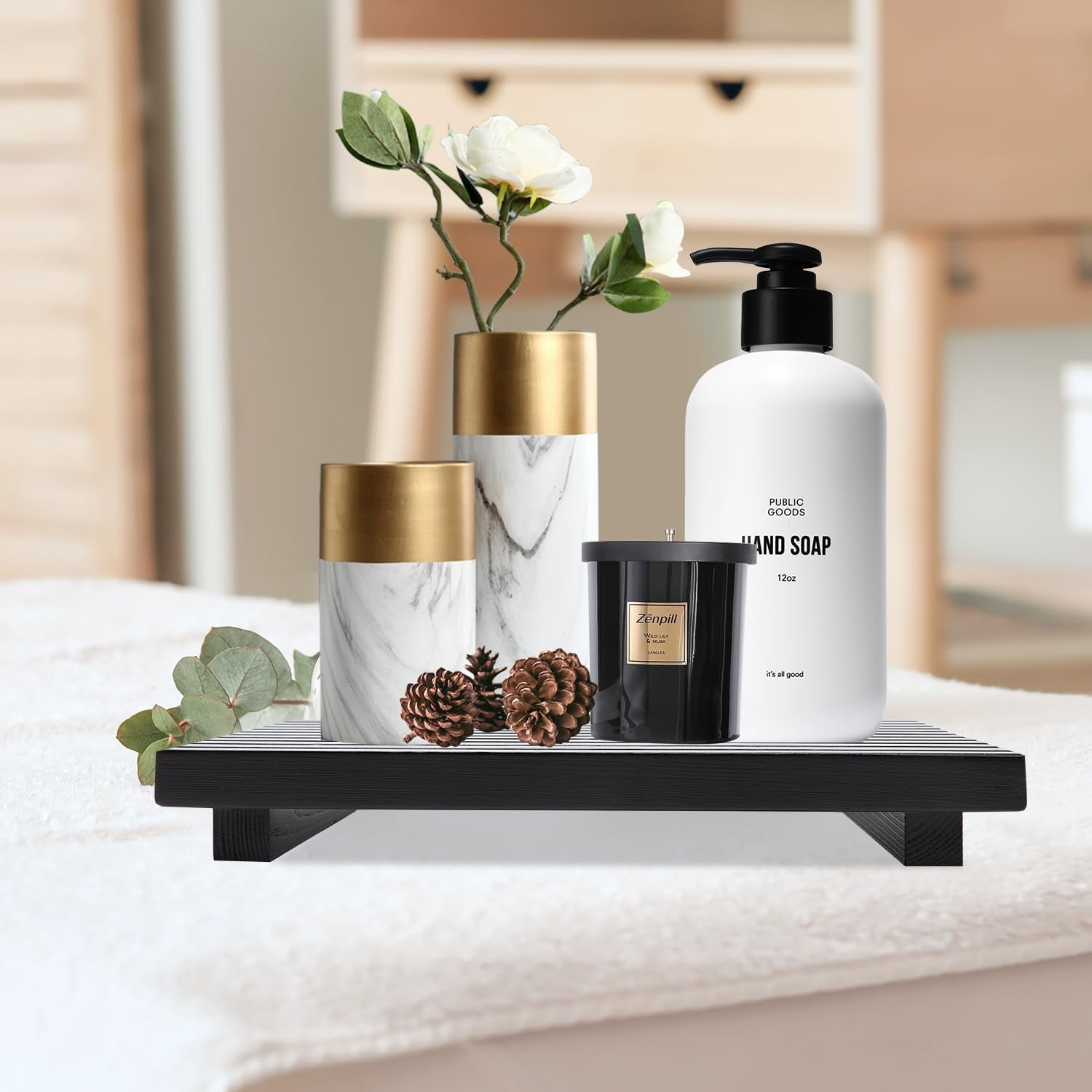 Black Wooden Bathroom Vanity Tray, Farmhouse Countertop Organizer & Riser Stand for Kitchen Sink, Soap Dispenser Holder & Home Decor