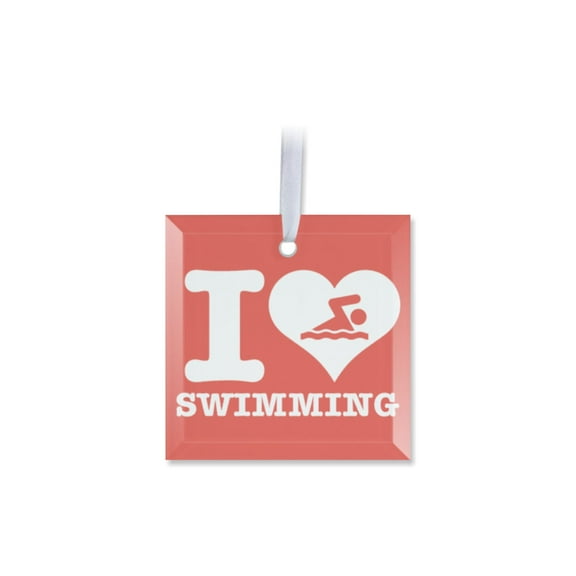 1 Pack - I "Heart" Love Swimming Fanatic Tempered Glass Christmas Ornament - 3 Inch Square