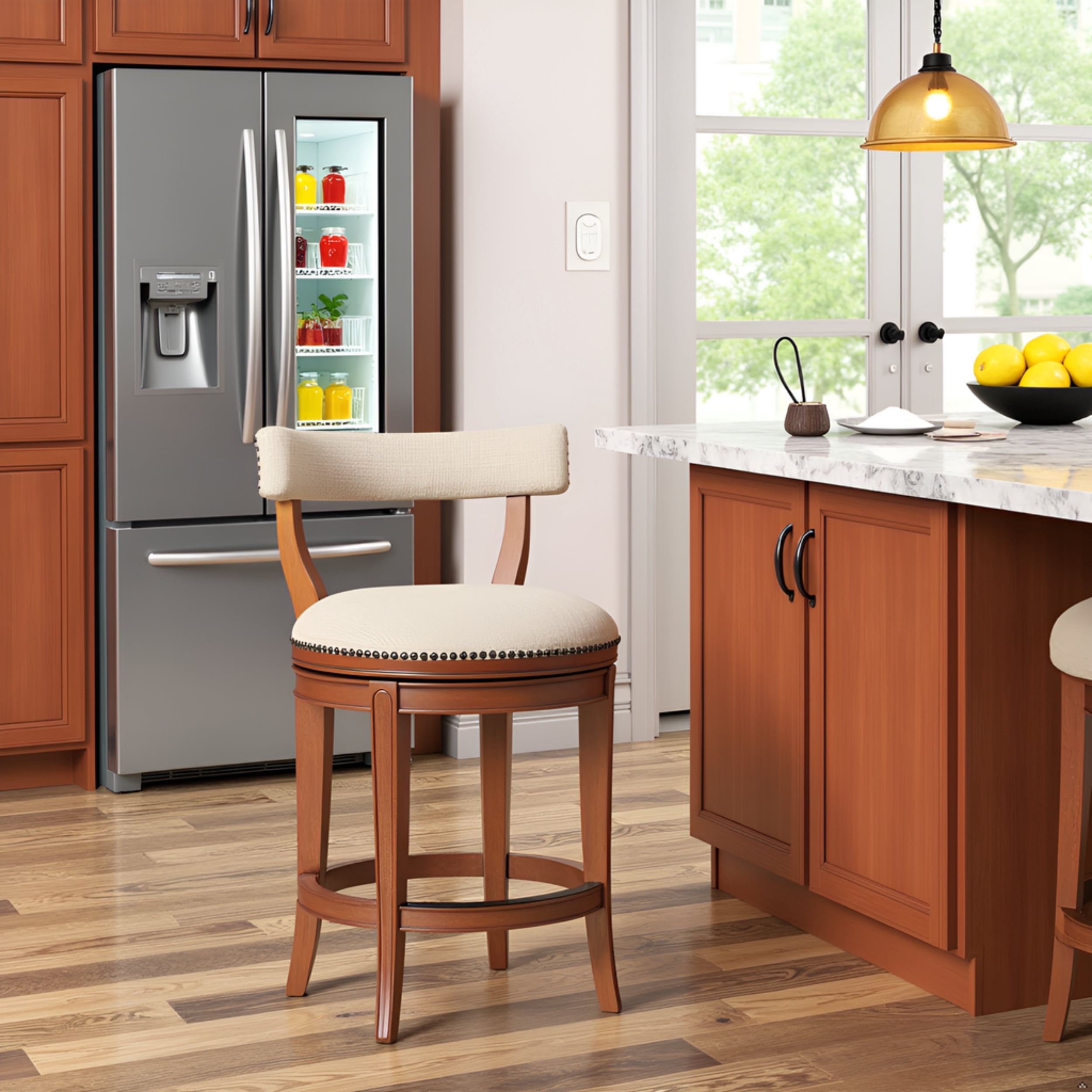 Alaterre Furniture Hanover Swivel Low Back Counter Height Bar Wood Stool, Weathered Brown and Beige