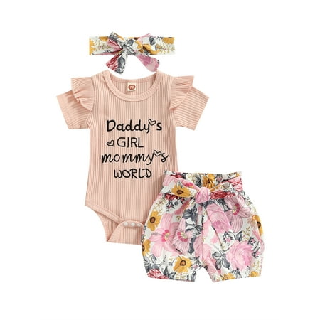 

Suanret Infant Baby Girls 3Pcs Outfit Sets Letter Printed Ruffle Trim Romper + Floral Print Shorts + Headband Pink 12-18 Months