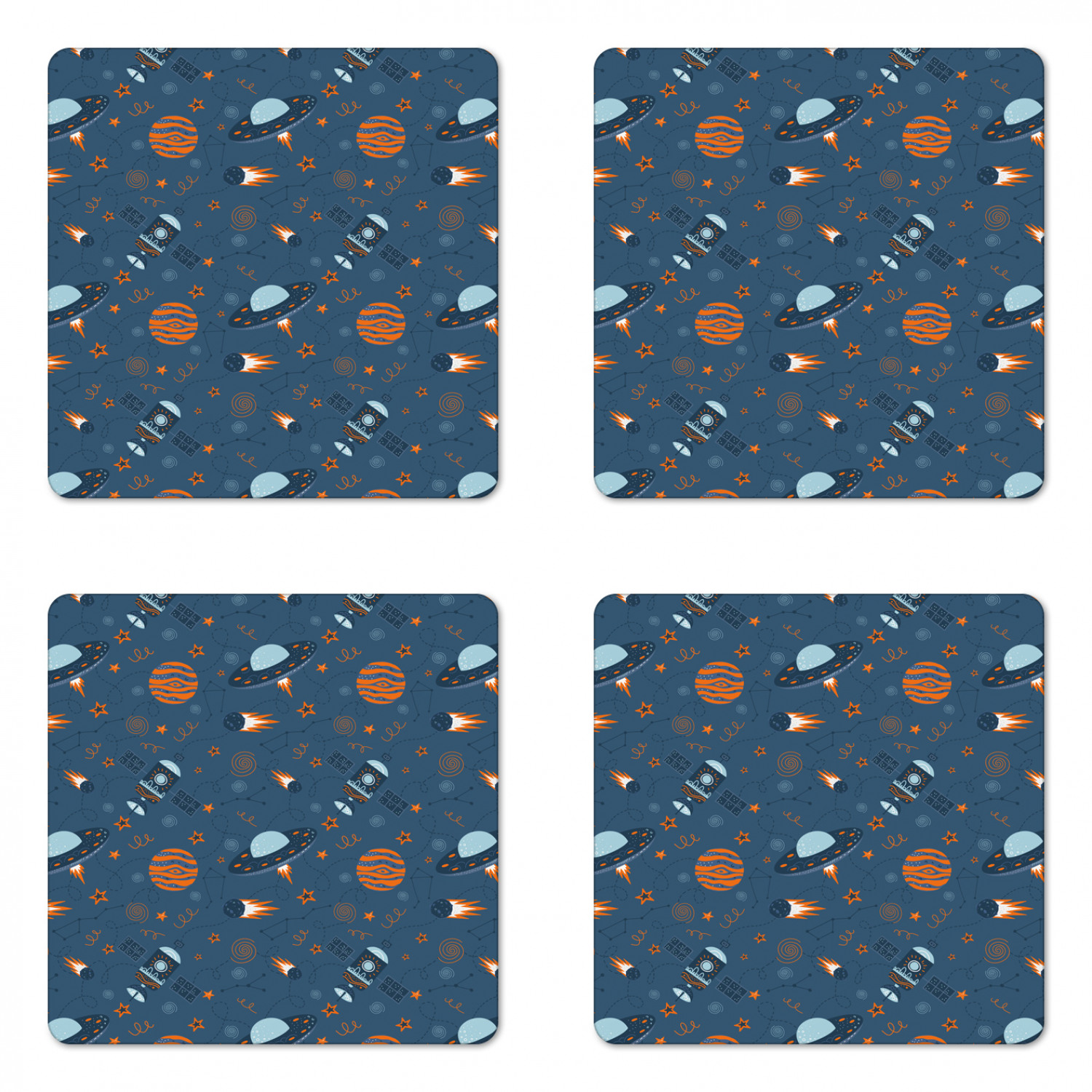 Alien Coaster Set of 4, Space Elements Pattern Satellite Stars, Square ...