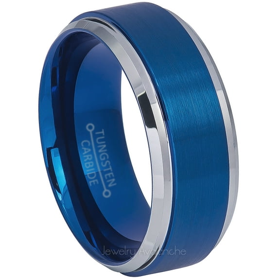 Jewelry Avalanche Mens Blue Tungsten Wedding Band, Comfort Fit, Brushed Engagement Ring for Him 8mm