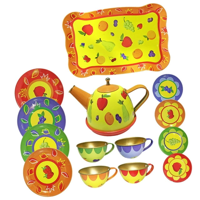 Juego de té para niñas pequeñas, juego de té para niños pequeños, tetera educativa, tazas y bandeja para niños. Fruta de verano